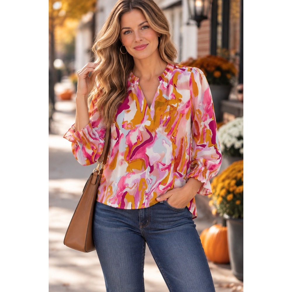Mascomoda Womens Pink Orange Abstract V-Neck Smocked Cuff Blouse Large
